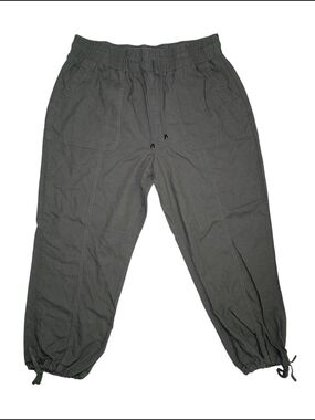 Suzy Shier Women's LG Olive Green Cropped Drawstring Ankle Pants Linen Blend
